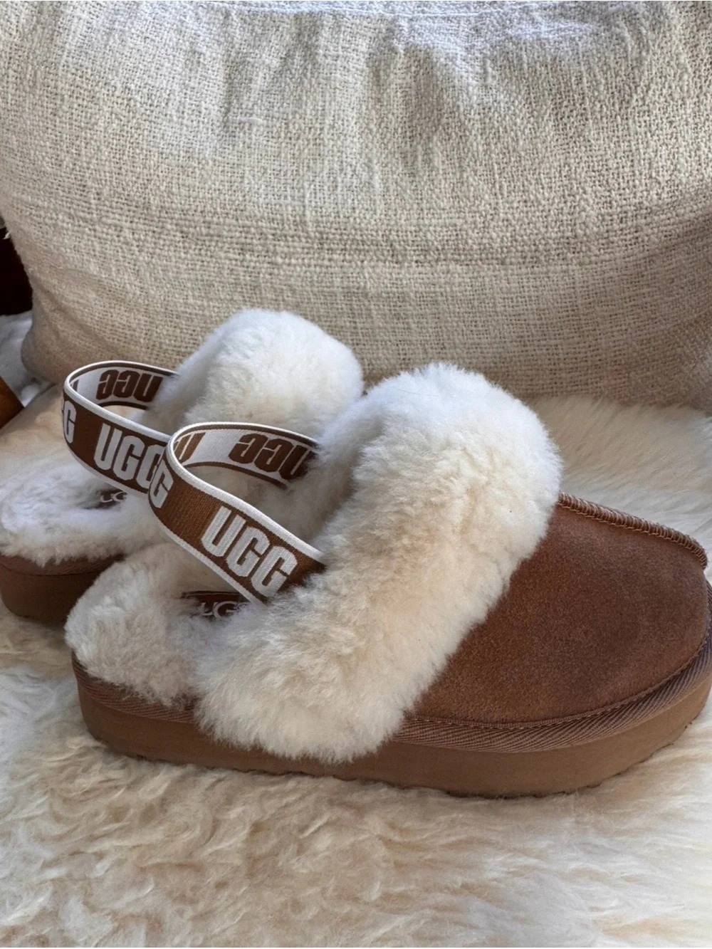 UGG Kids Funkette Chestnut Brown Suede Shearling Slide with Cream Fur
